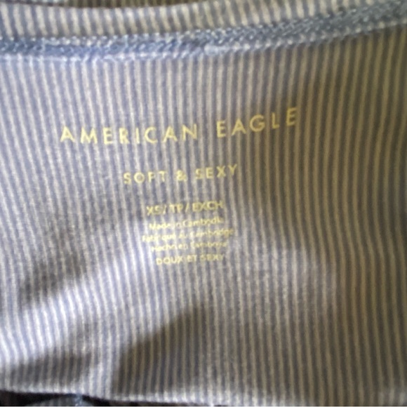 American Eagle Soft & Sexy Top Pinstripe Button Down Milkmaid Peasant Oversized - Picture 2 of 7